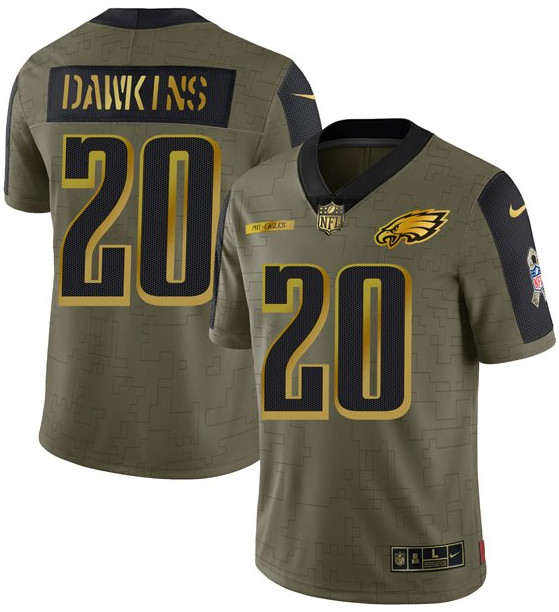 Men Philadelphia Eagles 20 Brian Dawkins 2021 Olive Camo Salute To Service Golden Limited Stitched J