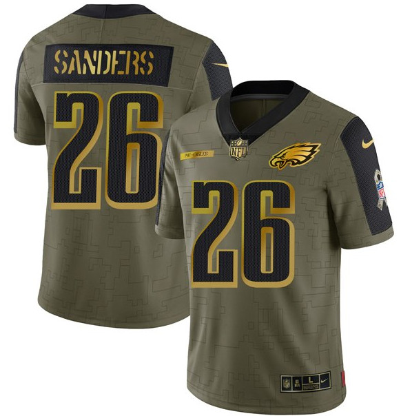 Men Philadelphia Eagles 26 Miles Sanders 2021 Olive Camo Salute To Service Golden Limited Stitched J