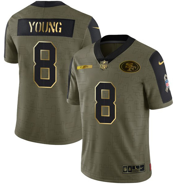 Men San Francisco 49ers 8 Steve Young 2021 Olive Camo Salute To Service Golden Limited Stitched Jers