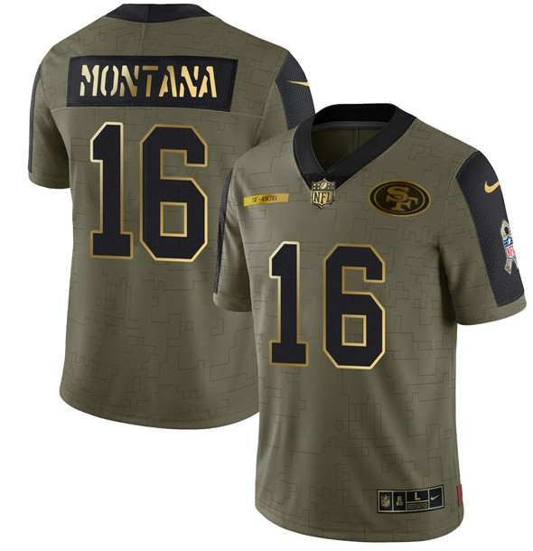 Men San Francisco 49ers 16 Joe Montana 2021 Olive Camo Salute To Service Golden Limited Stitched Jer