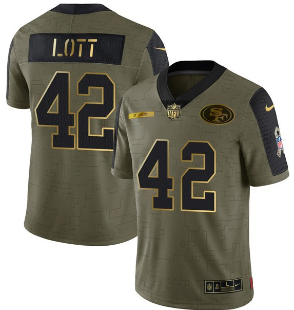 Men San Francisco 49ers 42 Ronnie Lott 2021 Olive Camo Salute To Service Golden Limited Stitched Jer