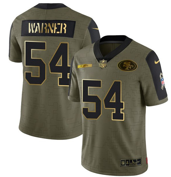 Men San Francisco 49ers 54 Warner Scarlet 2021 Olive Camo Salute To Service Golden Limited Stitched 