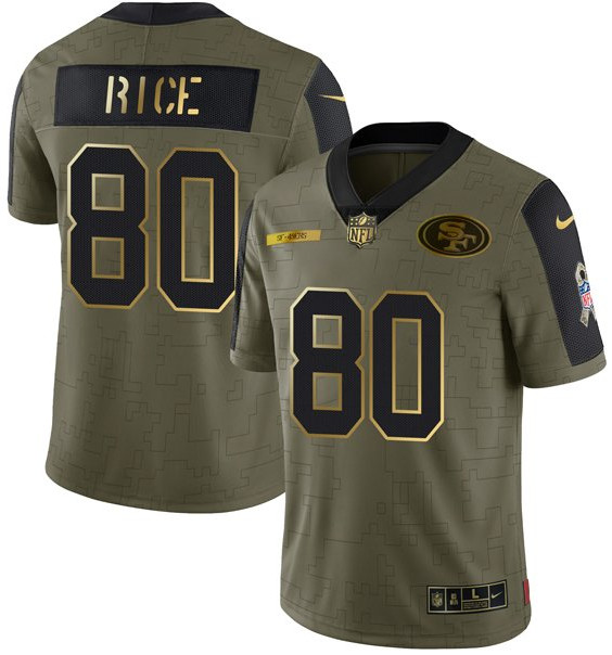 Men San Francisco 49ers 80 Jerry Rice 2021 Olive Camo Salute To Service Golden Limited Stitched Jers