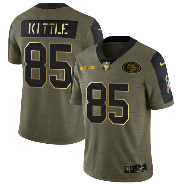 Men San Francisco 49ers 85 George Kittle 2021 Olive Camo Salute To Service Golden Limited Stitched J