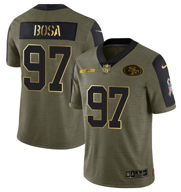 Men San Francisco 49ers 97 Nick Bosa 2021 Olive Camo Salute To Service Golden Limited Stitched Jerse