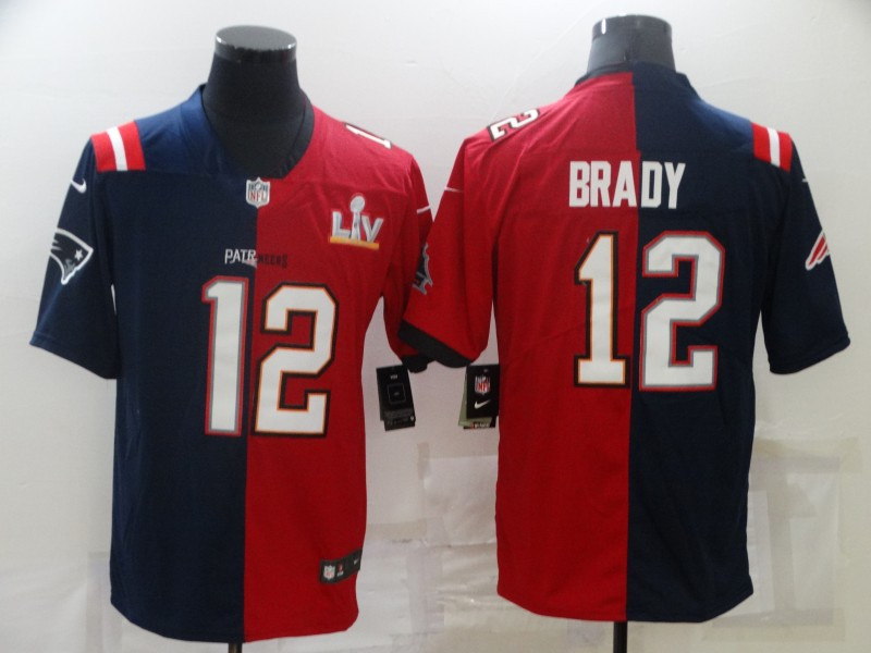 Men Tampa Bay Buccaneers 12 Tom Brady Red Navy Super Bowl Split GOAT Stitched Jersey