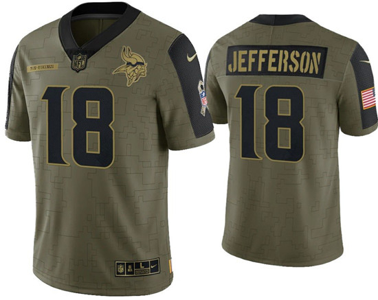 Men Minnesota Vikings 18 Justin Jefferson 2021 Olive Salute To Service Limited Stitched Jersey