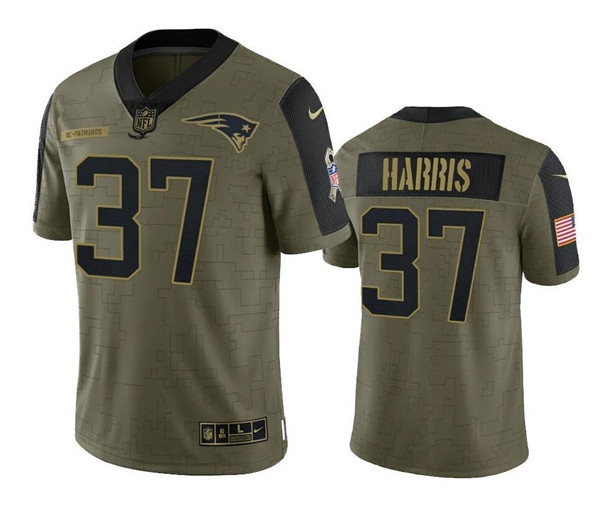 Men New England Patriots 37 Damien Harris 2021 Olive Salute To Service Limited Stitched Jersey