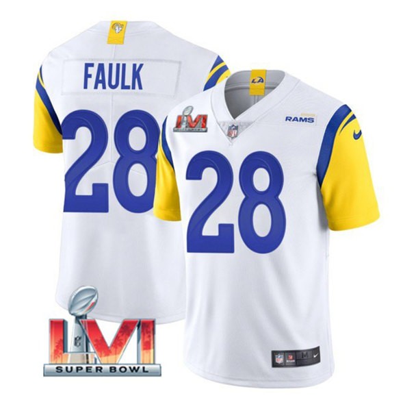 Nike Los Angeles Rams 28 Marshall Faulk White 2022 Super Bowl LVI Vapor Limited Jersey