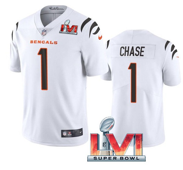 Nike Cincinati Bengals 1 Ja'Marr Chase White 2022 Super Bowl LVI Vapor Limited Jersey