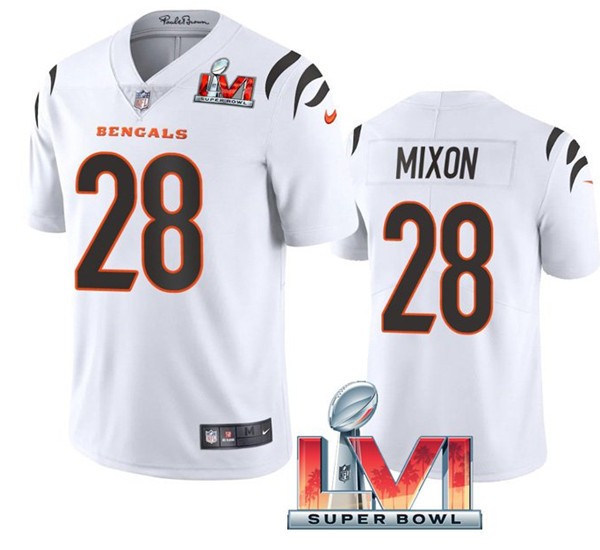 Nike Cincinati Bengals 28 Joe Mixon White 2022 Super Bowl LVI Vapor Limited Jersey