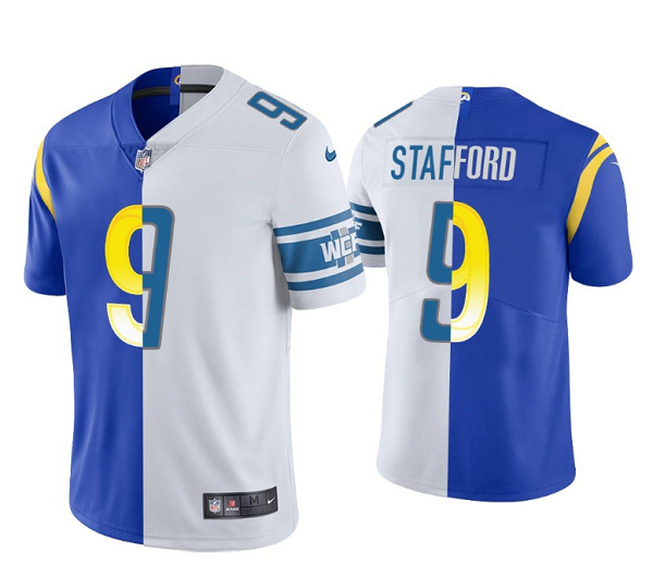 Men Los Angeles Rams 9 Matthew Stafford Royal White Split Stitched Football Jerse