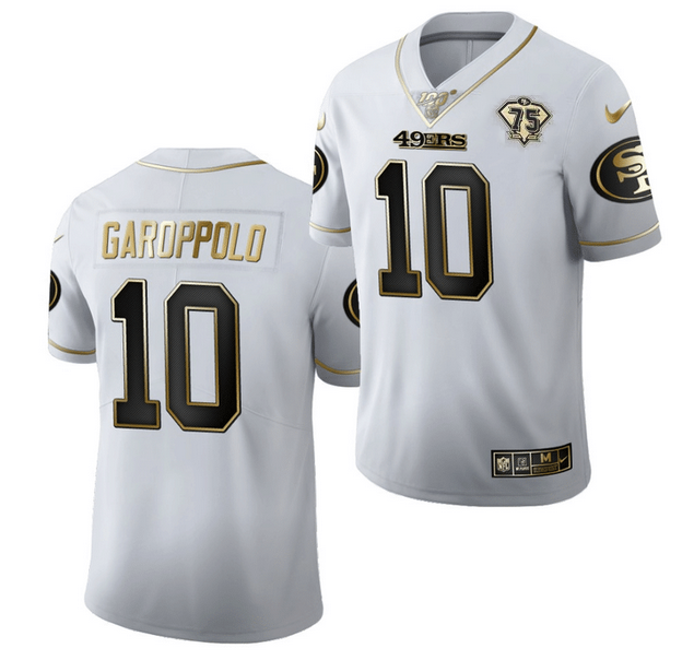 Men San Francisco 49ers 10 Jimmy Garoppolo White Gold 75th Anniversary Stitched Jersey