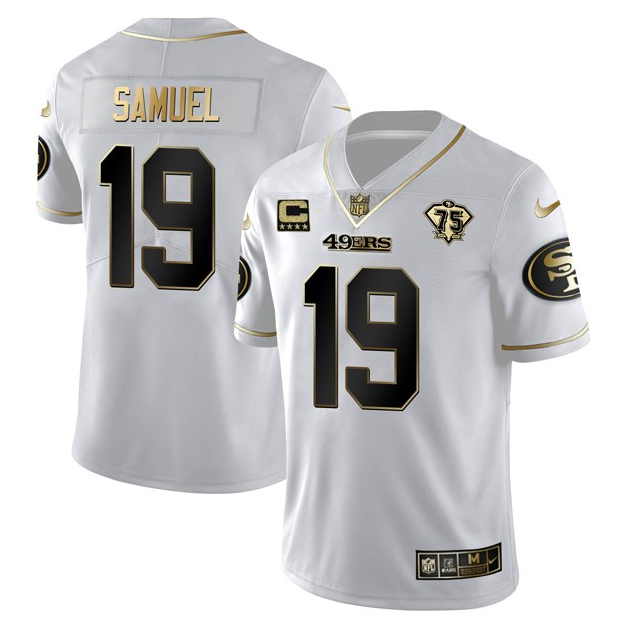 Men San Francisco 49ers 19 Deebo Samuel White Gold 75th Anniversary With C Patch Stitched Jersey