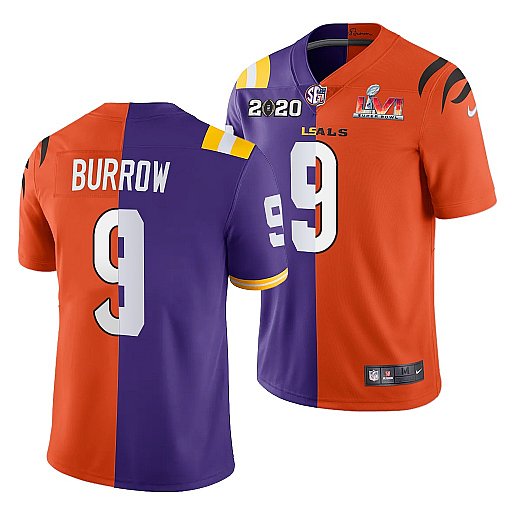 Men Cincinnati Bengals X LSU Tigers 9 Joe Burrow 2022 Purple Orange Split Super Bowl LVI Stitched Je