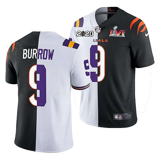 Men Cincinnati Bengals X LSU Tigers 9 Joe Burrow 2022 White Black Split Super Bowl LVI Stitched Jers