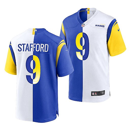 Men Los Angeles Rams 9 Matthew Stafford Royal White Split Stitched Football Jerse