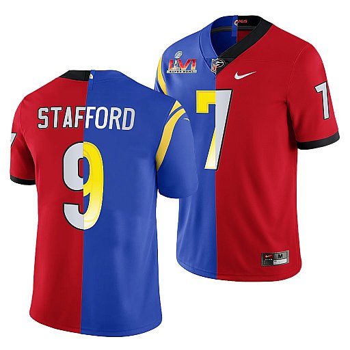 Men Los Angeles Rams X Georgia Bulldogs 9 Matthew Stafford Red Royal Split Super Bowl LVI Stitched J