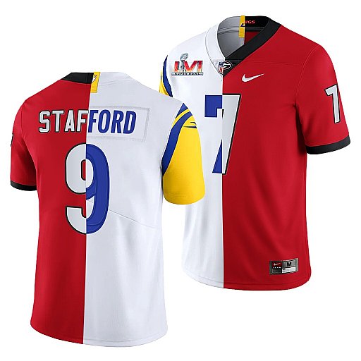 Men Los Angeles Rams X Georgia Bulldogs 9 Matthew Stafford Red White Split Super Bowl LVI Stitched J