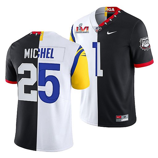 Men Los Angeles Rams X Georgia Bulldogs 25 Sony Michel Black White Split Super Bowl LVI Stitched Jer