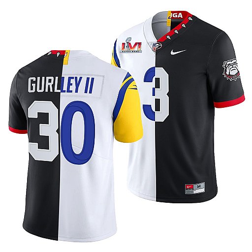 Men Los Angeles Rams X Georgia Bulldogs 30 Todd Gurley II Black White Split Super Bowl LVI Stitched 