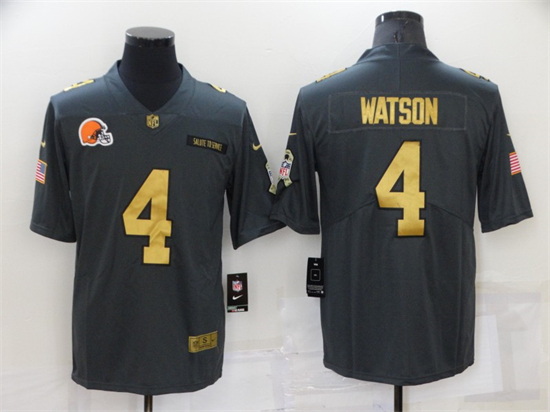 Men Cleveland Browns 4 Deshaun Watson Grey Gold Salute To Service Limited Stitched Jersey