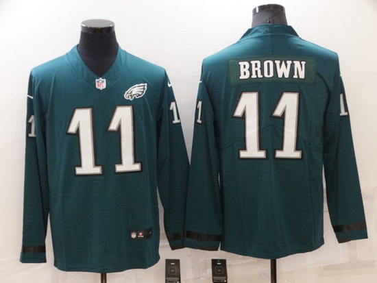 Men Philadelphia Eagles 11 A J Brown Green Therma Long Sleeve Stitched jersey