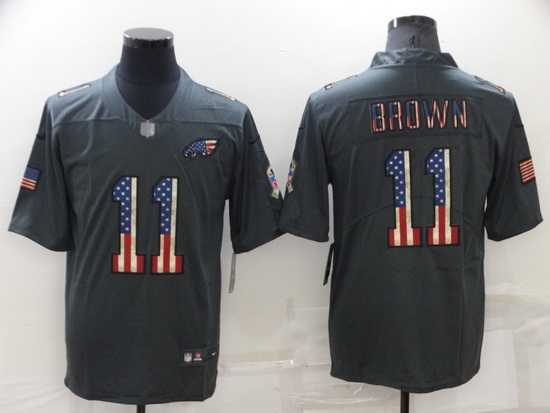 Men Philadelphia Eagles 11 A J Brown Grey Salute To Service USA Flag Stitched jersey