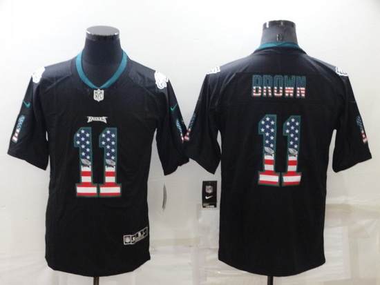 Men Philadelphia Eagles 11 A J Brown Black USA Flag Color Rush Limited Stitched Jerse