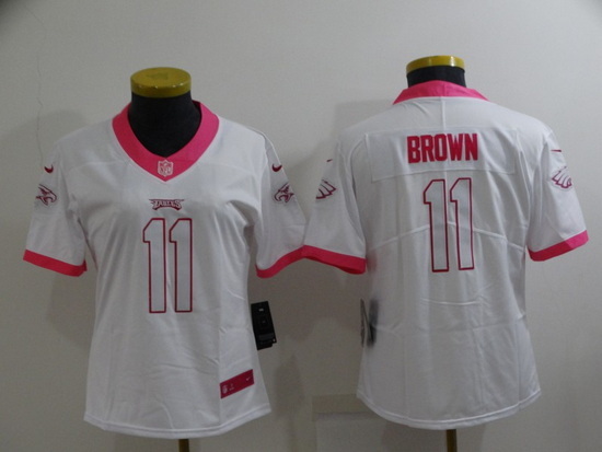 Women Philadelphia Eagles 11 A  J  Brown Pink White Stitched Football Jersey 28Run Small 2