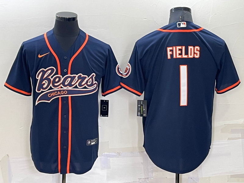 Men Chicago Bears 1 Justin Fields Navy Cool Base Stitched Baseball Jersey