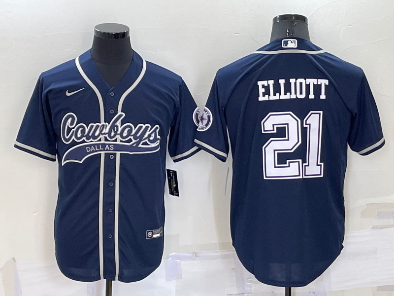 Men Dallas Cowboys 21 Ezekiel Elliott Navy Cool Base Stitched Baseball Jersey