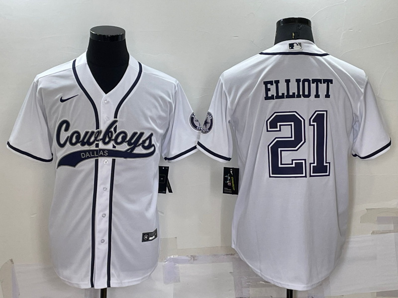 Men Dallas Cowboys 21 Ezekiel Elliott White Cool Base Stitched Baseball Jersey