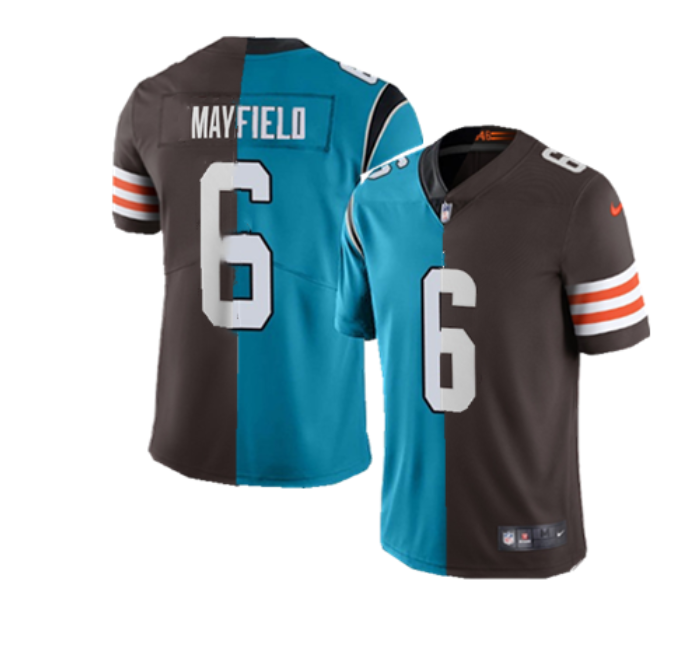 Men Carolina Panthers Cleveland Browns 6 Baker Mayfield Splite Blue Brown Vapor Untouchable Limited 