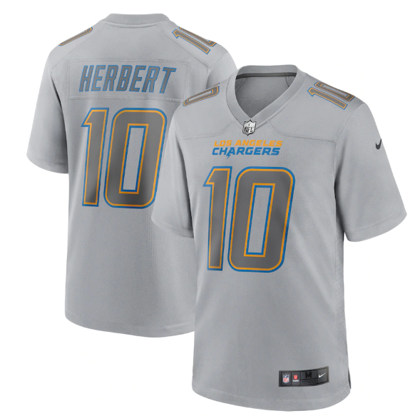 Men Los Angeles Chargers 10 Justin Herbert Grey Atmosphere Fashion Stitched Game Jersey