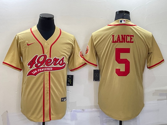 Men San Francisco 49ers 5 Trey Lance Gold Cool Base Stitched Baseball Jersey