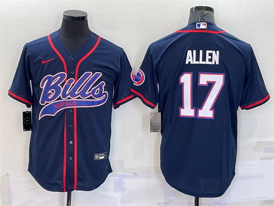 Men Buffalo Bills 17 Josh Allen Navy With Patch Cool Base Stitched Baseball Jersey