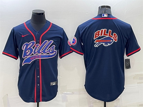 Men Buffalo Bills Navy Team Big Logo With Patch Cool Base Stitched Baseball Jersey