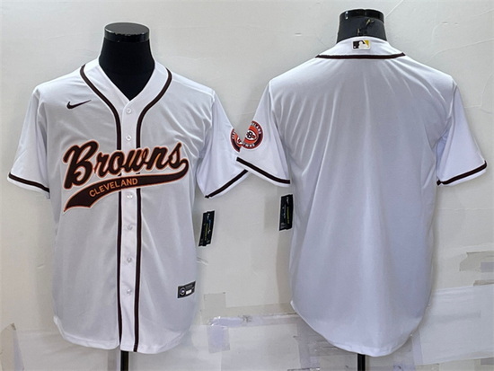 Men Cleveland Browns Blank White With Patch Cool Base Stitched Baseball Jersey