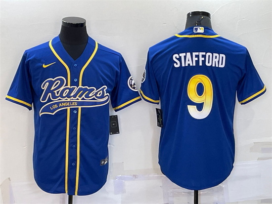 Men Los Angeles Rams 9 Matthew Stafford Royal With Patch Cool Base Stitched Baseball Jersey