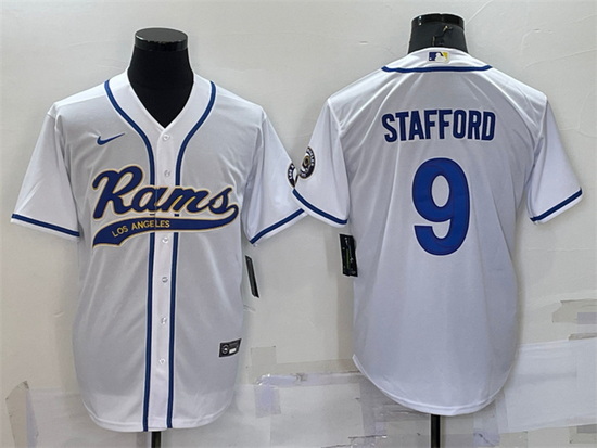 Men Los Angeles Rams 9 Matthew Stafford White With Patch Cool Base Stitched Baseball Jersey