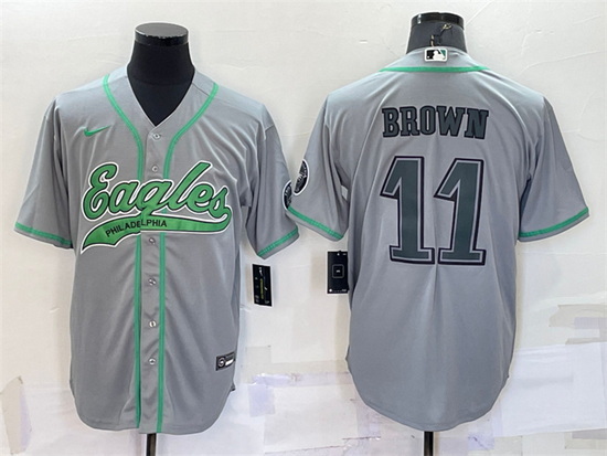 Men Philadelphia Eagles 11 A  J  Brown Grey With Patch Cool Base Stitched Baseball Jersey