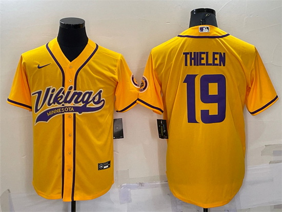 Men Minnesota Vikings 19 Adam Thielen Gold With Patch Cool Base Stitched Baseball Jersey