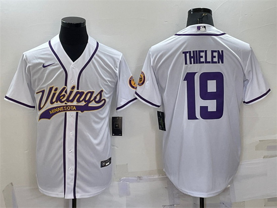 Men Minnesota Vikings 19 Adam Thielen White With Patch Cool Base Stitched Baseball Jersey