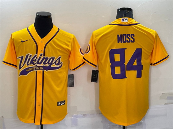 Men Minnesota Vikings 84 Randy Moss Gold With Patch Cool Base Stitched Baseball Jersey