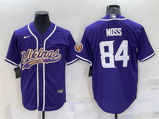 Men Minnesota Vikings 84 Randy Moss Purple With Patch Cool Base Stitched Baseball Jersey