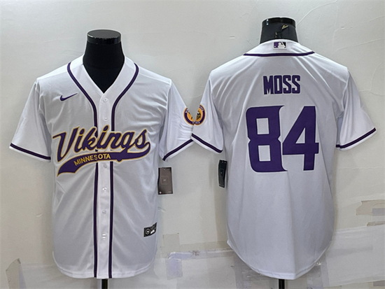 Men Minnesota Vikings 84 Randy Moss White With Patch Cool Base Stitched Baseball Jersey