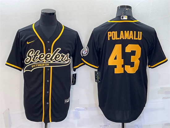 Men Pittsburgh Steelers 43 Troy Polamalu Black Gold With Patch Cool Base Stitched Baseball Jersey