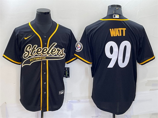 Men Pittsburgh Steelers 90 T J  Watt Black With Patch Cool Base Stitched Baseball Jersey