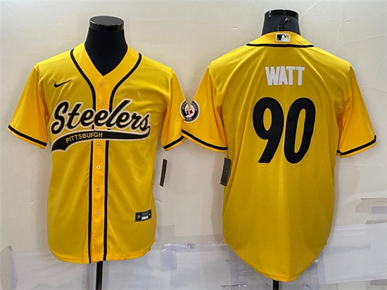 Men Pittsburgh Steelers 90 T J  Watt Yellow With Patch Cool Base Stitched Baseball Jersey